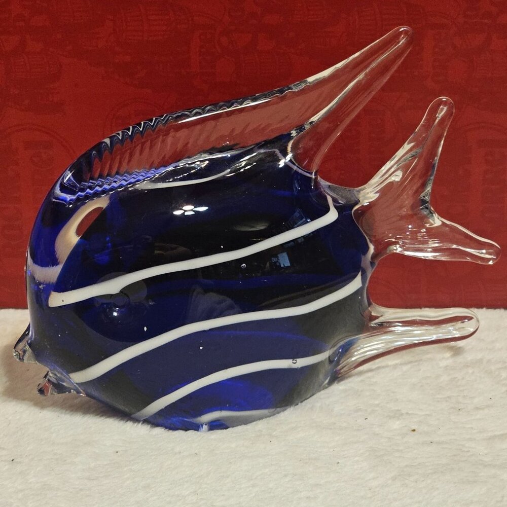 Blue and White Striped Art Glass Angel Fish 6.5 Inches Tall x 5 Inches Long